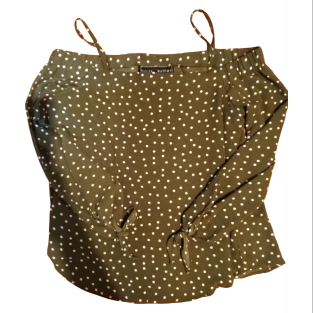 Polly Esther Polka Dot Blouse Top w/ Tie Sleeves Olive Green & White